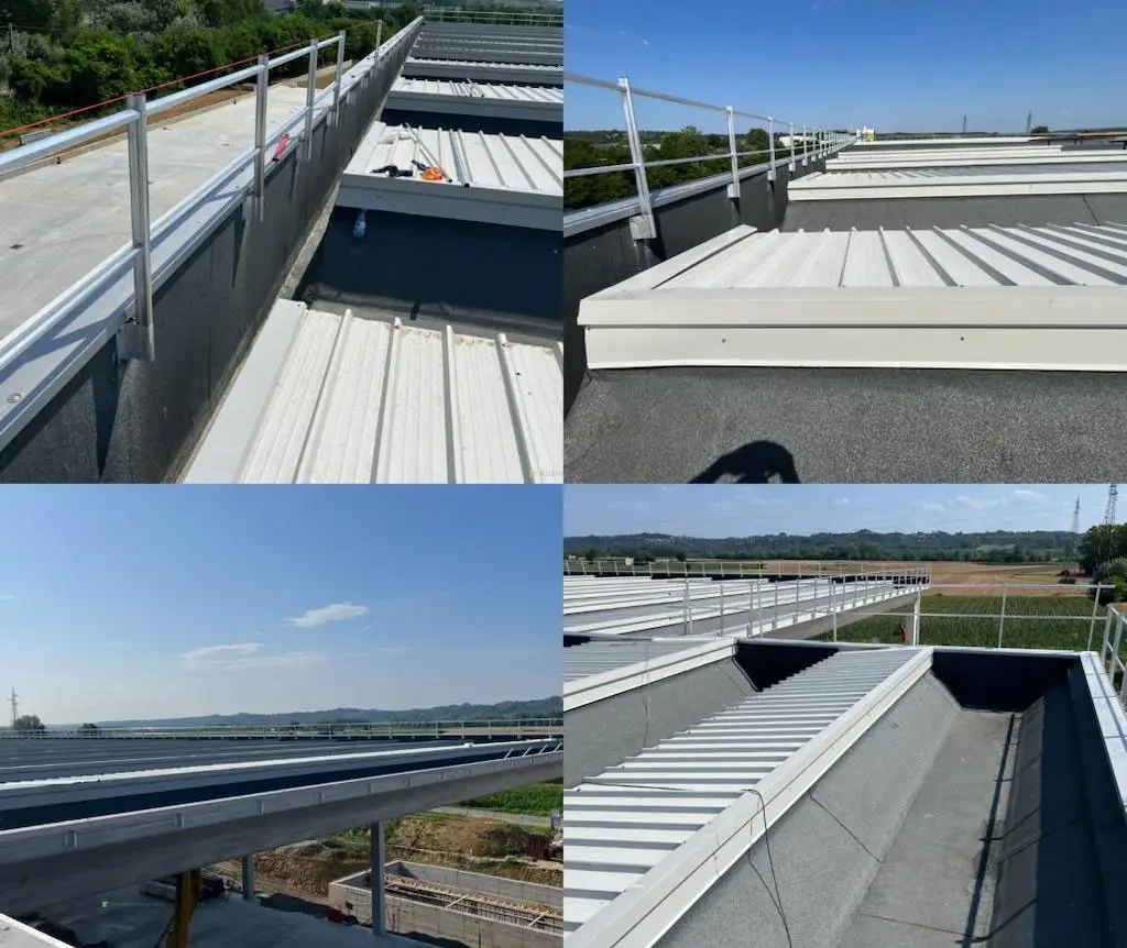 Parapetti di protezione e scala con gabbia installati su una copertura ad Asti
